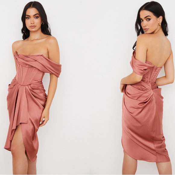 House of CB ‘Janis’ Rouge Satin One Shoulder Draped Midi Dress NWOT - Picture 3 of 17